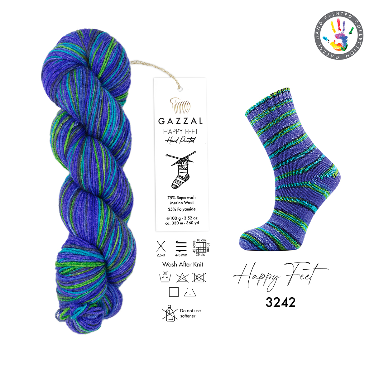 Cuộn len sợi loang nhiều màu bảy sắc cầu vòng Gazzal Happy Feet Yarn Wool Merino